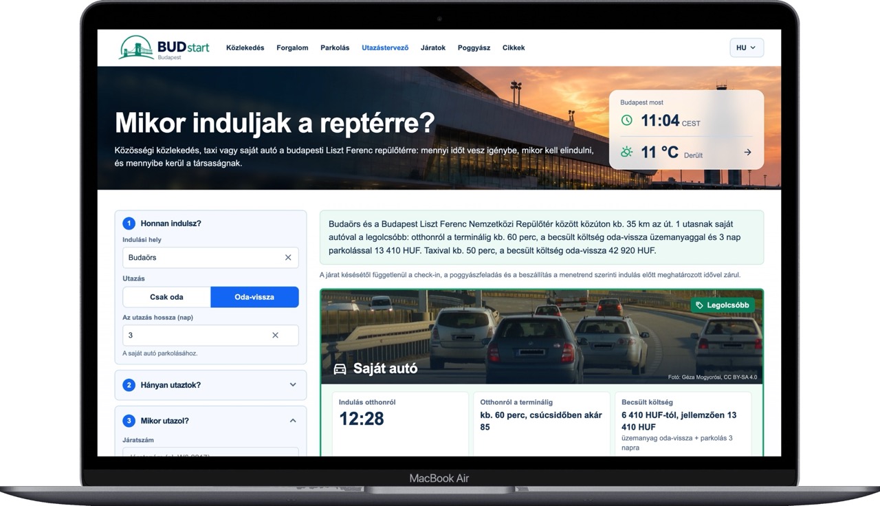 BUDstart planer putovanja: uneti podaci i opcija sopstvenog automobila sa vremenom polaska, trajanjem puta i procenjenim troškom